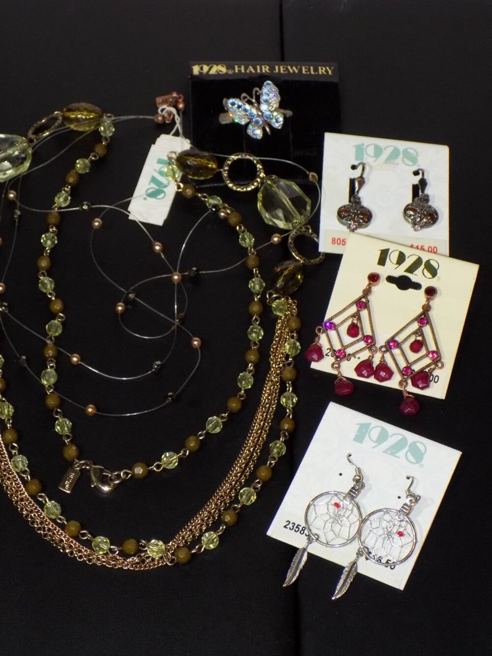 Lot of 6 1928 Earrings, Necklaces & Hair Clip Bundle.  New, Vintage, Deadstock